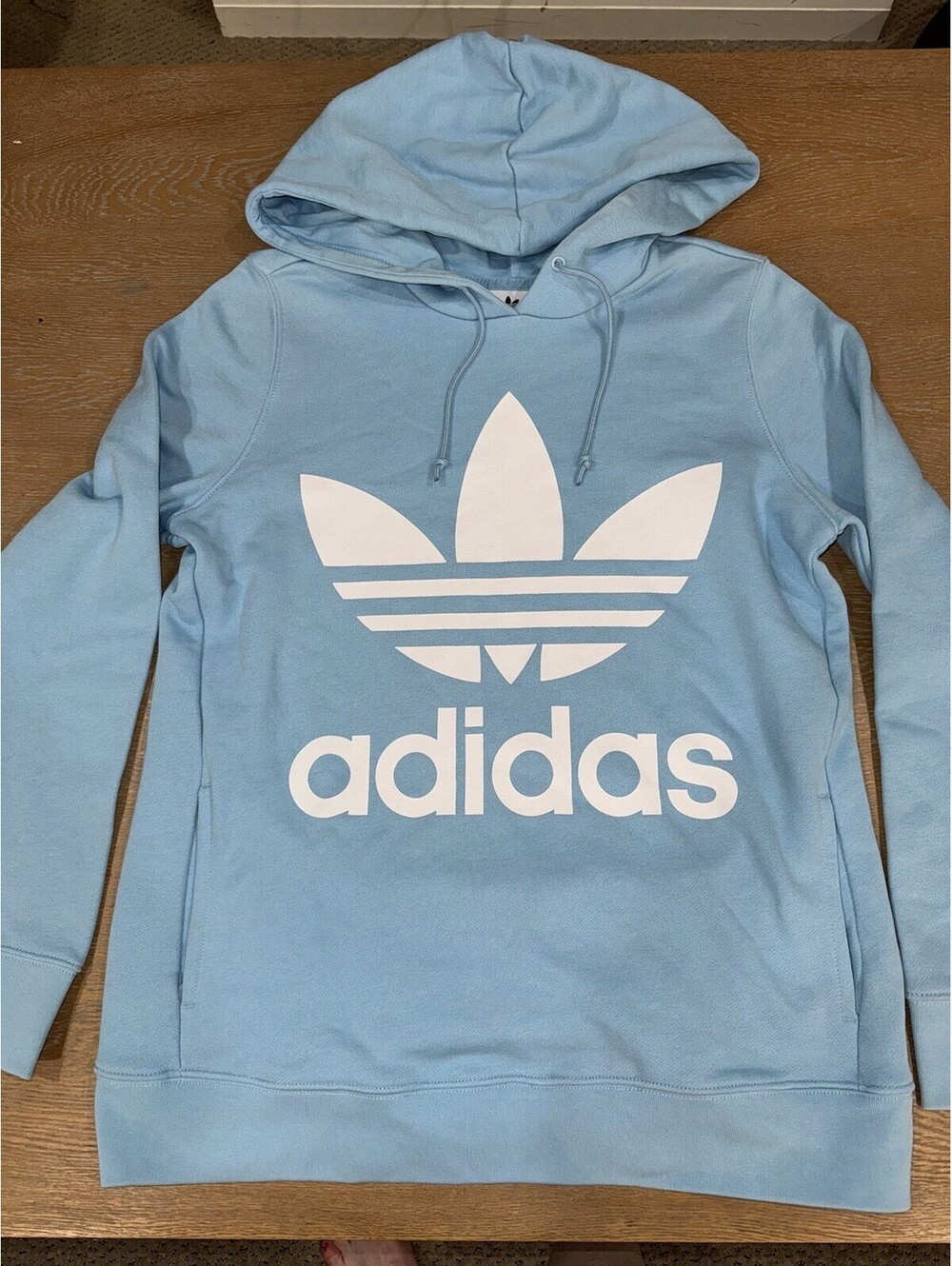 Adidas Hoodie Womens M Medium Light Blue Trefoil Pullover Sweater Pockets
